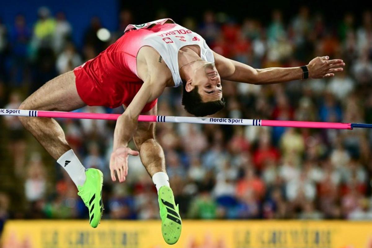 Poland's Mateusz Kolodziejski competes in the men's high jump final during the European Athletics Championships at Alexander Stadium in Birmingham on August 14, 2026.  Ben STANSALL / AFP