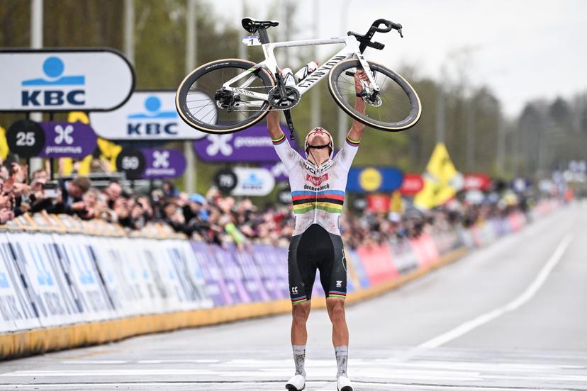 Dutch Mathieu van der Poel of Alpecin-Deceuninck celebrates as he crosses the finish line at the men's race of the 'Ronde van Vlaanderen/ Tour des Flandres/ Tour of Flanders' one day cycling event, 270,8km from Antwerp to Oudenaarde, Sunday 31 March 2024. BELGA PHOTO LAURIE DIEFFEMBACQ