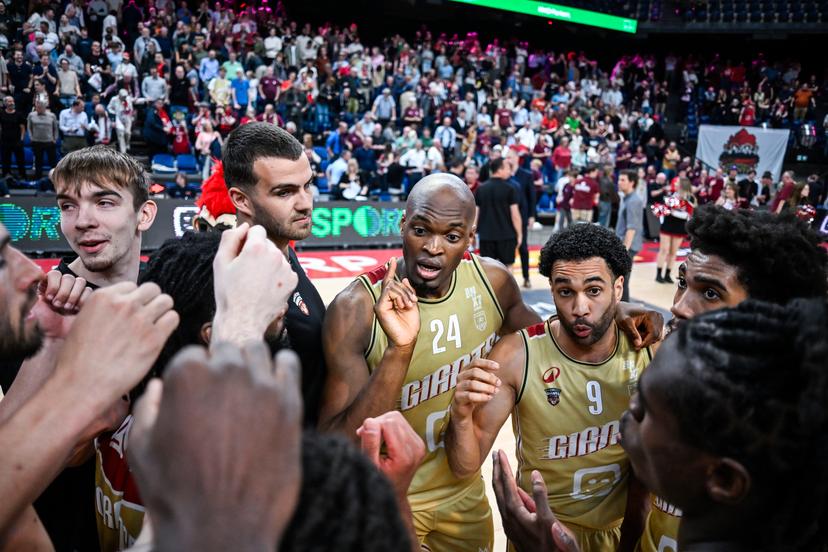 Antwerp's Kevin Tumba and Antwerp's Elias Lasisi celebrate after winning a basketball match between Antwerp Giants and BC Oostende, Thursday 15 May 2025 in Antwerp, a quarter final game (2nd leg, best-of-3) in the playoffs of the 'BNXT League' Belgian/ Dutch first division basket championship. BELGA PHOTO TOM GOYVAERTS
