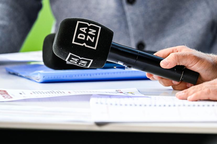 a DAZN logo pictured at a soccer match between Royal Antwerp FC and Royale Union Saint-Gilloise, Friday 25 July 2025 in Brussels, on day 1 of the 2025-2026 'Jupiler Pro League' first division of the Belgian championship. BELGA PHOTO TOM GOYVAERTS