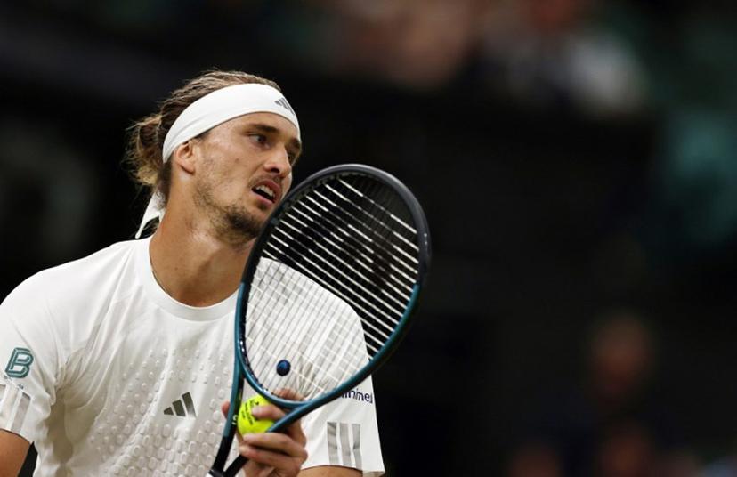Germany's Alexander Zverev serves to Czech Republic's Jiri Lehecka during their men's singles round of 16 tennis match on the eighth day of the 2026 Wimbledon Championships at The All England Lawn Tennis and Croquet Club in Wimbledon, southwest London, on July 6, 2026.  Adrian Dennis / AFP