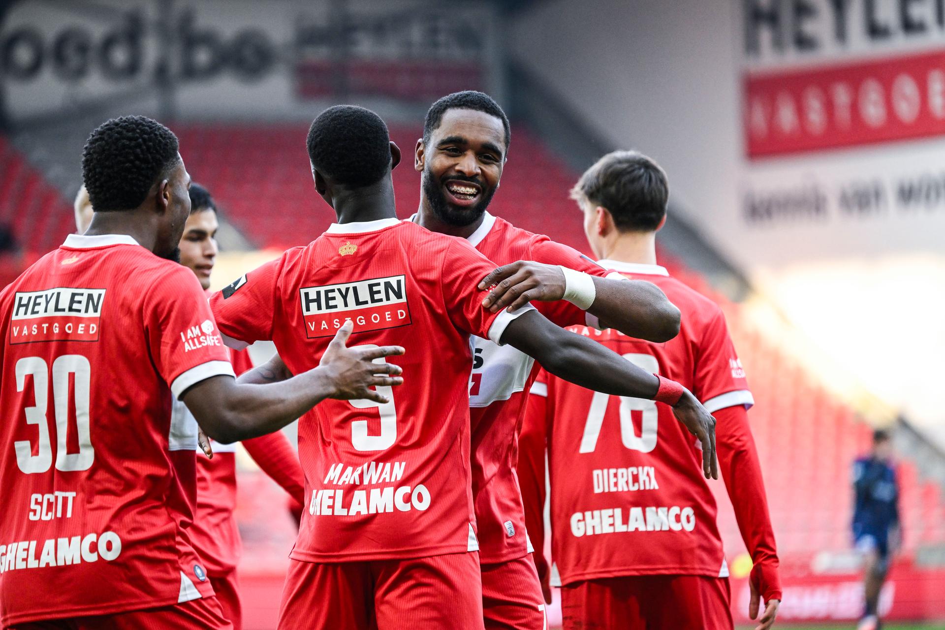 Antwerp's Gyrano Kerk celebrates after scoring during a soccer match between Royal Antwerp FC and SV Zulte Waregem, Saturday 27 December 2025 in Antwerp, on day 20 of the 2025-2026 'Jupiler Pro League' first division of the Belgian championship. BELGA PHOTO TOM GOYVAERTS