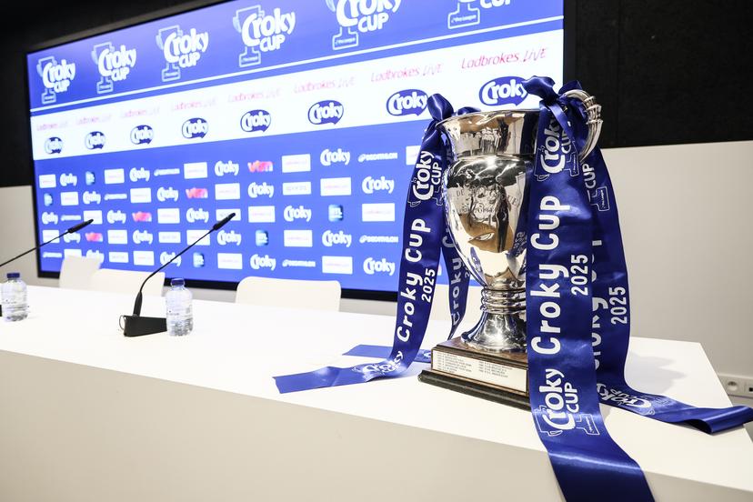this picture shows the Croky cup trophy ahead of a press conference of Belgian soccer team RSC Anderlecht in Brussels, Saturday 03 May 2025. The team is preparing for the Belgian Cup final (Croky Cup) match against Club Brugge this sunday. BELGA PHOTO BRUNO FAHY