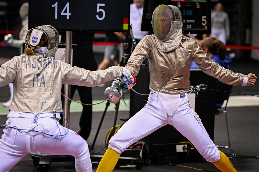 Fencing Athlete Jolien Corteyn pictured in action during a fight in the 1/16 round of the women's sabre competition, at the European Games in Krakow, Poland on Tuesday 27 June 2023. The 3rd European Games, informally known as Krakow-Malopolska 2023, is a scheduled international sporting event that will be held from 21 June to 02 July 2023 in Krakow and Malopolska, Poland. BELGA PHOTO LAURIE DIEFFEMBACQ