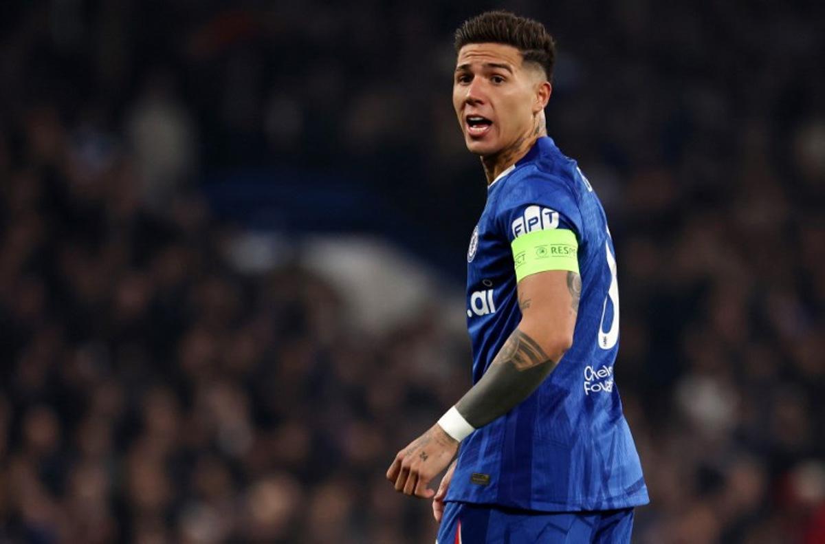 Chelsea's Argentinian midfielder #08 Enzo Fernandez reacts during the UEFA Champions League round of 16 second leg football match between Chelsea FC and Paris Saint Germain (PSG) at Stamford Bridge, west London on March 17, 2026.  FRANCK FIFE / AFP