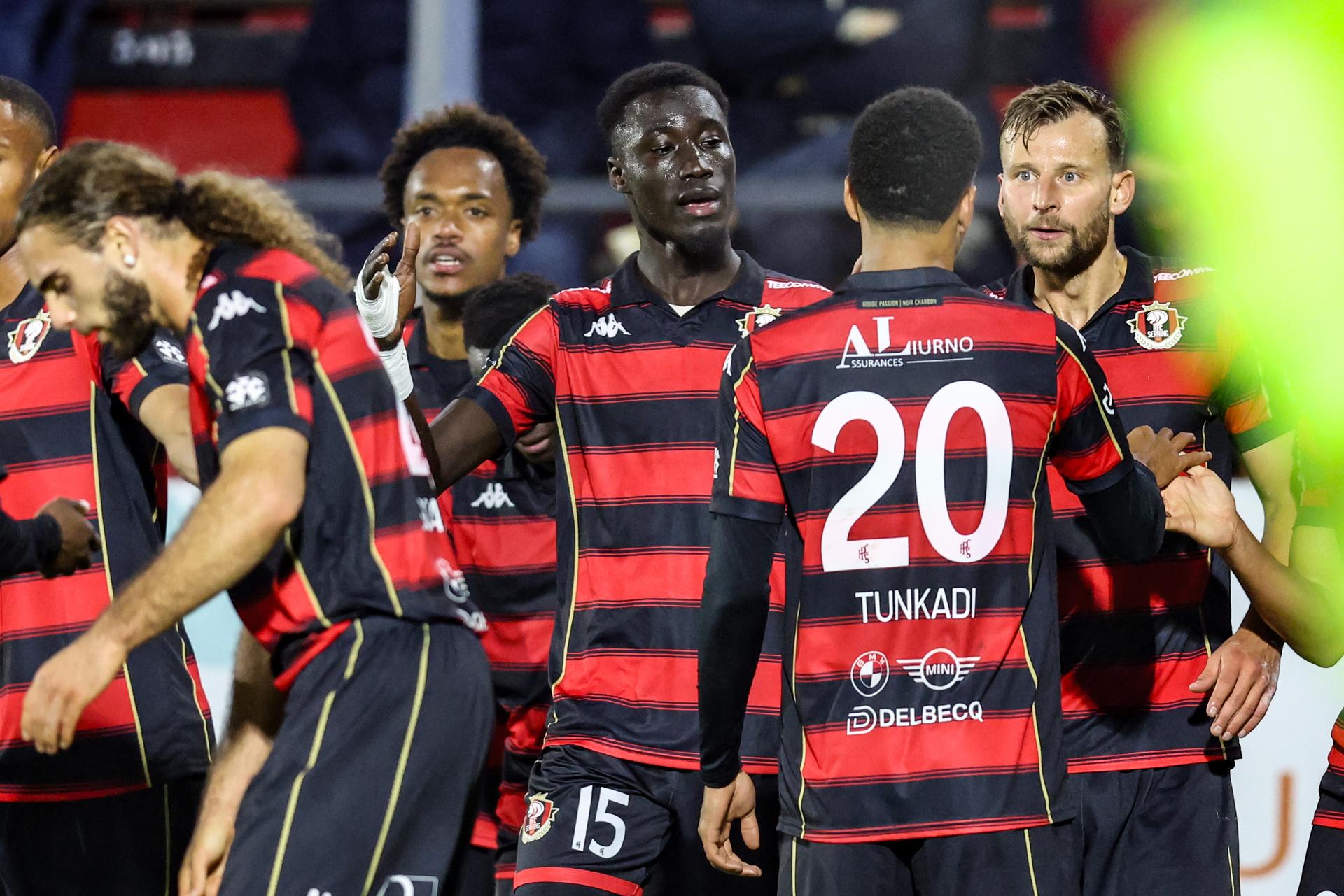 Seraing's Moustapha Diop celebrates after scoring during a soccer match between RFC Seraing and RFC Liege, Friday 30 October 2026 in Seraing, on day 9 of the 2026-2027 'Challenger Pro League' second highest division of the Belgian championship. BELGA PHOTO BRUNO FAHY