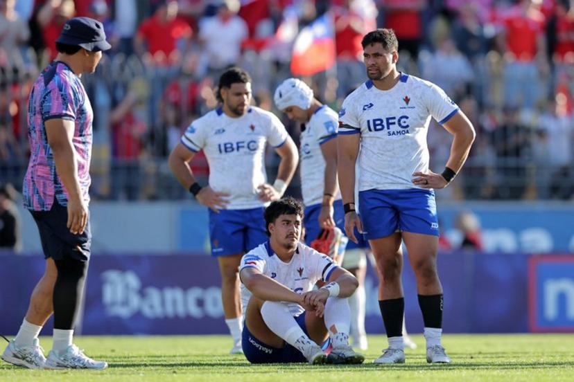 Samoa's players react after losing the Rugby World Cup Qualifying 2025 match between Chile and Samoa at the Sausalito Stadium in Vina del Mar, Chile, on September 27, 2025.  Javier TORRES / AFP