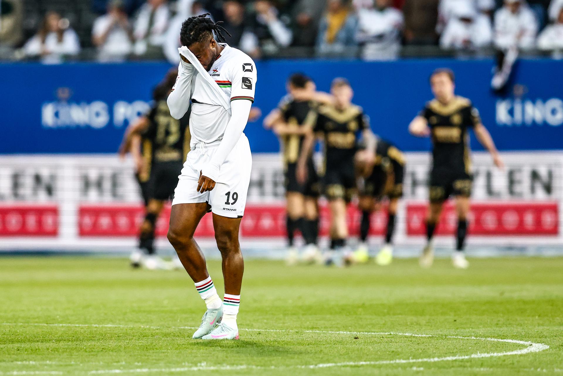 OHL's Chukwubuikem Ikwuemesi looks dejected during a soccer match between Oud-Heverlee Leuven and KVC Westerlo, Friday 16 May 2025 in Heverlee, on day 9 (out of 10) of the Europe Play-offs of the 2024-2025 'Jupiler Pro League' first division of the Belgian championship. BELGA PHOTO BRUNO FAHY