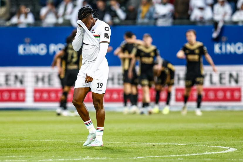 OHL's Chukwubuikem Ikwuemesi looks dejected during a soccer match between Oud-Heverlee Leuven and KVC Westerlo, Friday 16 May 2025 in Heverlee, on day 9 (out of 10) of the Europe Play-offs of the 2024-2025 'Jupiler Pro League' first division of the Belgian championship. BELGA PHOTO BRUNO FAHY
