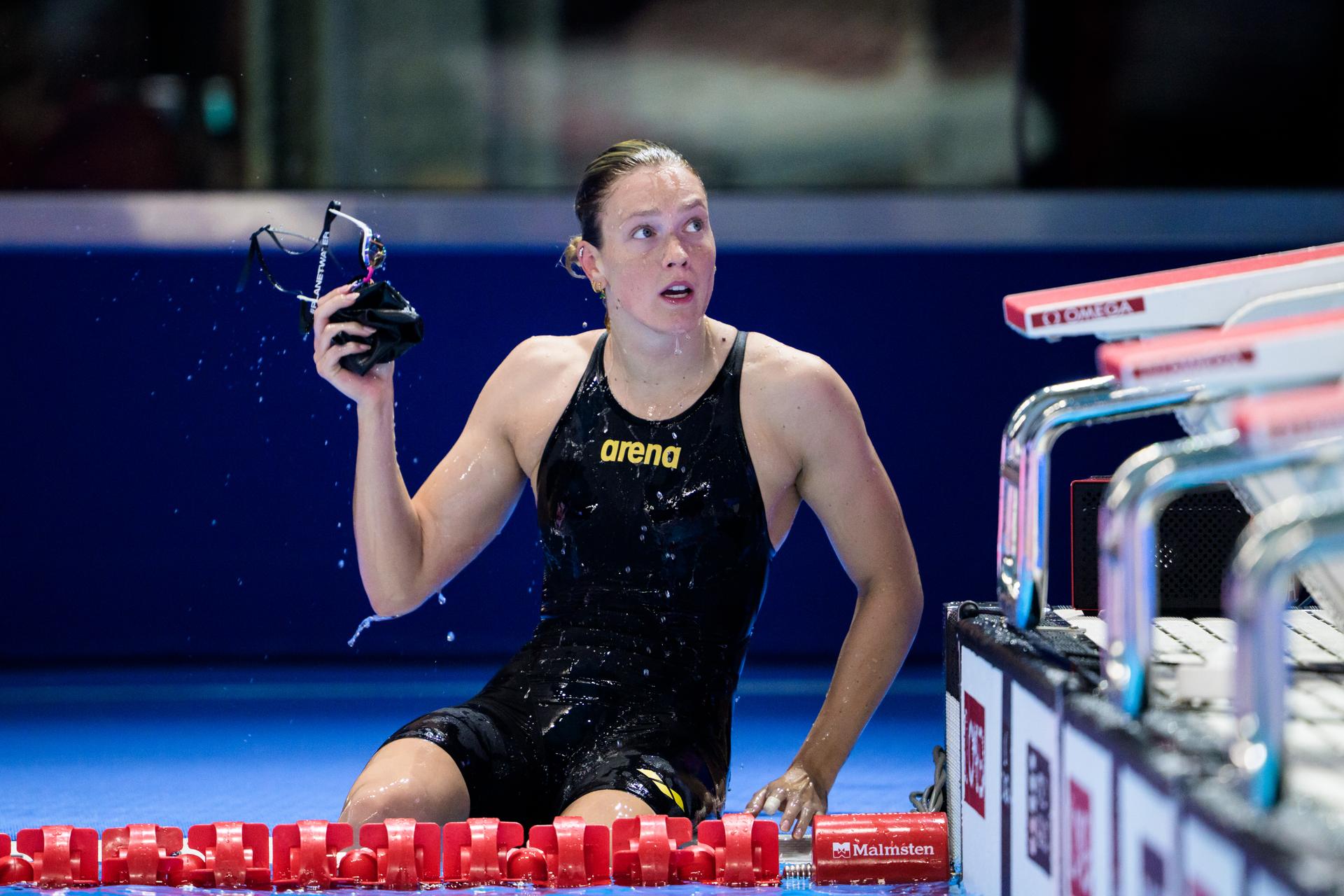 ATTENTION EDITORS - BENELUX ONLY - 250728 Florine Gaspard of Belgium after competing in women's 100 meters breaststroke swimming semifinal during day 18 of the World Aquatics Championships on July 28, 2025 in Singapore.  Photo: Joel Marklund / BILDBYRÅN / kod JM / JM0711 bbeng simning swimming svømming sim-vm vm sim-vm 2025 world aquatics championships 2025