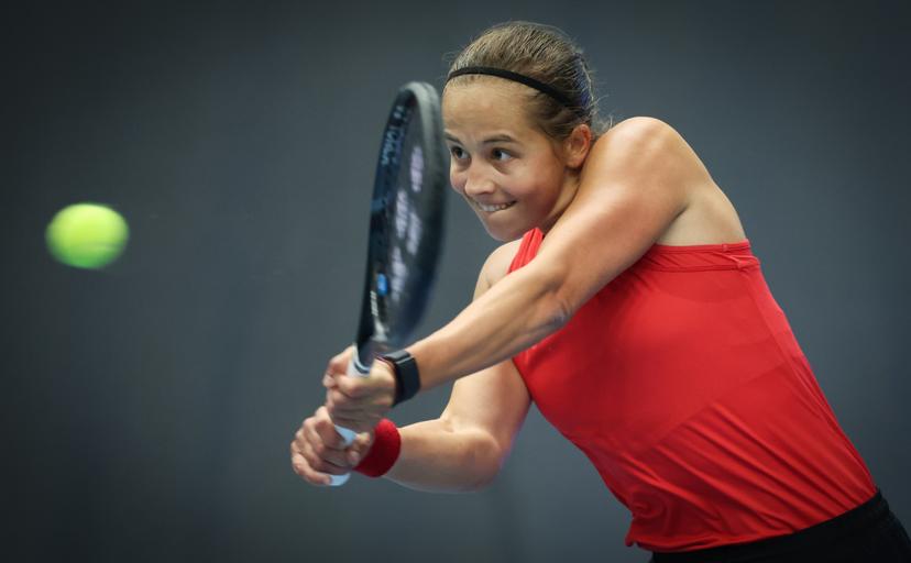 Belgian Hanne Vandewinkel pictured in action during a tennis match against Greek Grammatikopoulou, in the qualifiers of the Billie Jean King Cup tennis, in Vilnius, Lithuania on Tuesday 08 April 2025. PHOTO VIRGINIE LEFOUR