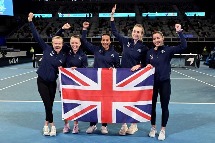 (L-R) Britain's Harriet Dart, Katie Swan, team captain Anne Keothavong, Mika Stojsavljevic and Jodie Burrage celebrate after winning the Billie Jean King Cup tennis tie against Australia in Melbourne on April 11, 2026.  William WEST / AFP