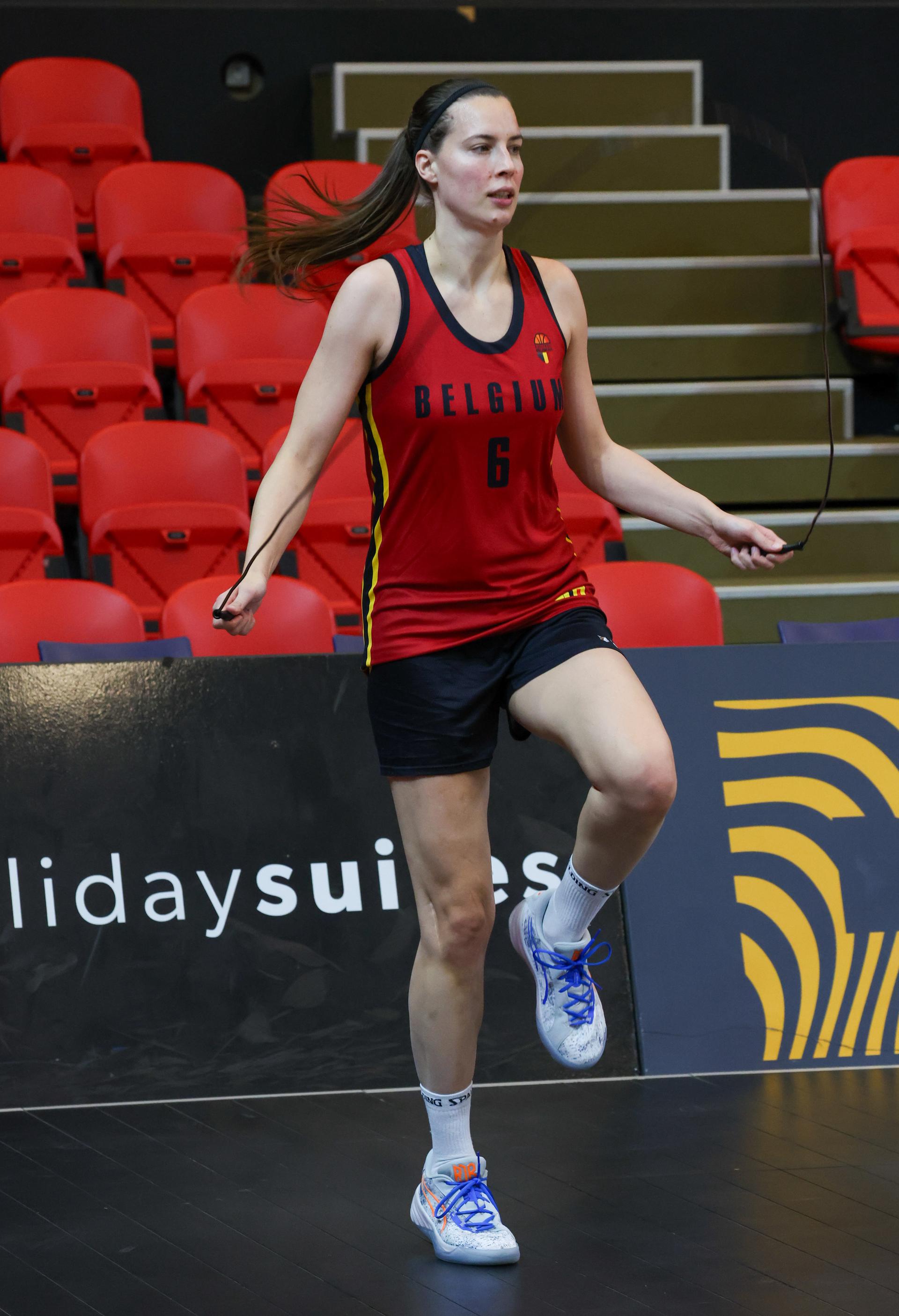 Belgium's Antonia Delaere pictured in action during the media day of Belgian national women basketball team 'the Belgian Cats', in Oostende, Monday 03 February 2025. The Cats will play on 06 February a FIBA EuroBasket 2025 qualifier game against Azerbaijan. BELGA PHOTO VIRGINIE LEFOUR