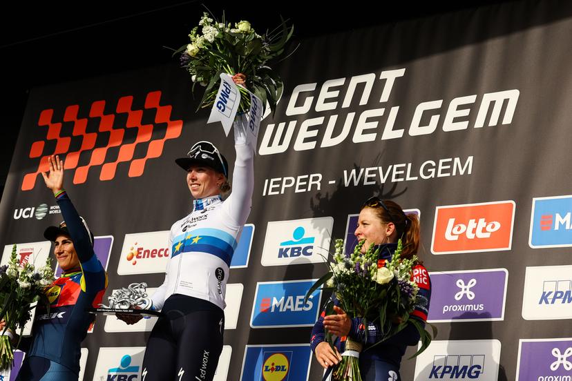 Italian Elisa Balsamo of Lidl-Trek, Dutch Lorena Wiebes of SD Worx-Protime and Dutch Charlotte Kool of Team Picnic PostNL pictured on the podium after the women elite 'Gent-Wevelgem - In Flanders Fields' one day cycling race, 169.1 km from Ieper to Wevelgem, Sunday 30 March 2025. BELGA PHOTO DAVID PINTENS