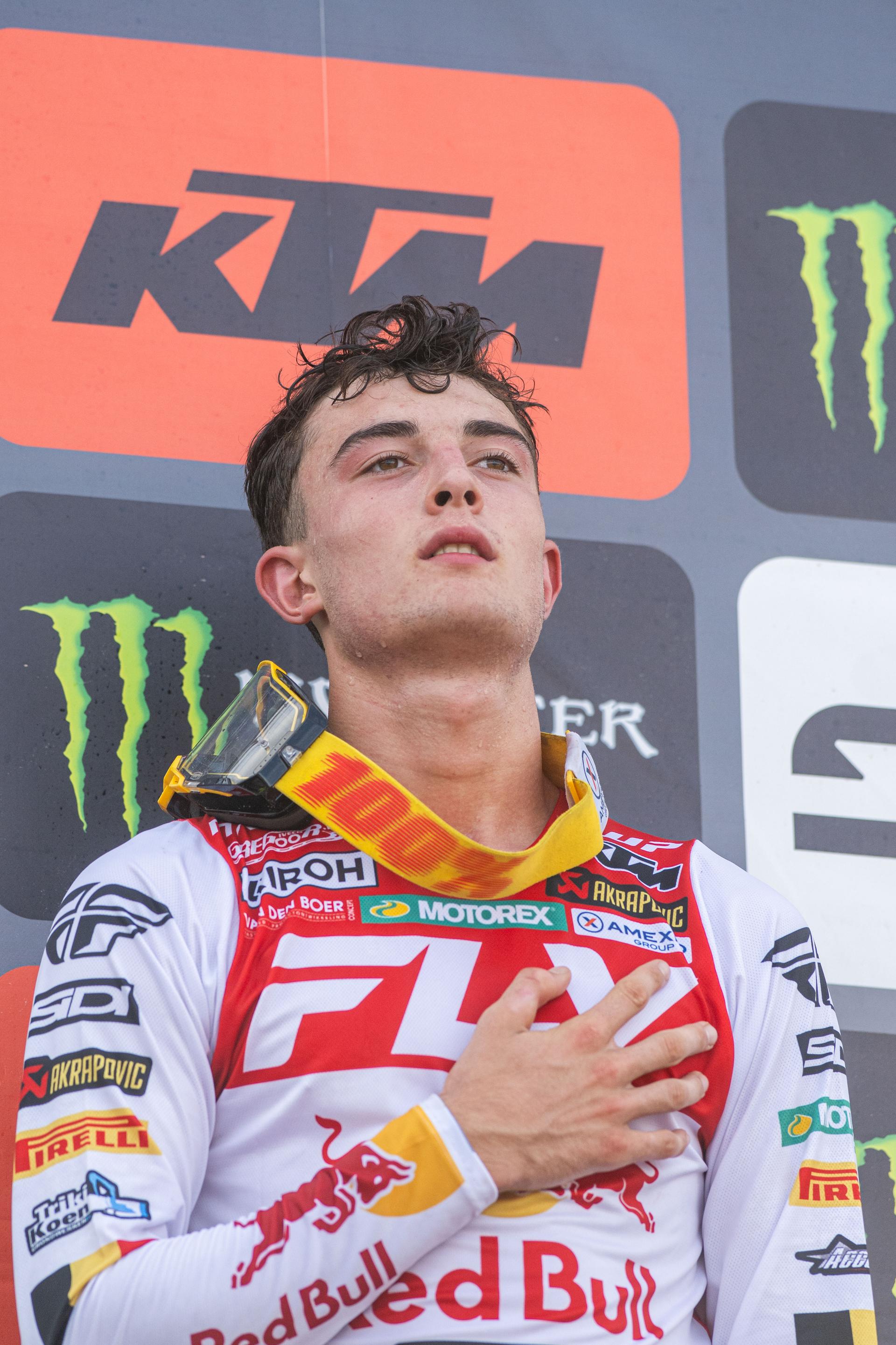 Belgium's Lucas Coenen celebrates on the podium after winning the motocross MXGP Grand Prix Flanders, race 15/20 of the FIM Motocross World Championship, Sunday 03 August 2025 in Lommel. BELGA PHOTO JONAS ROOSENS