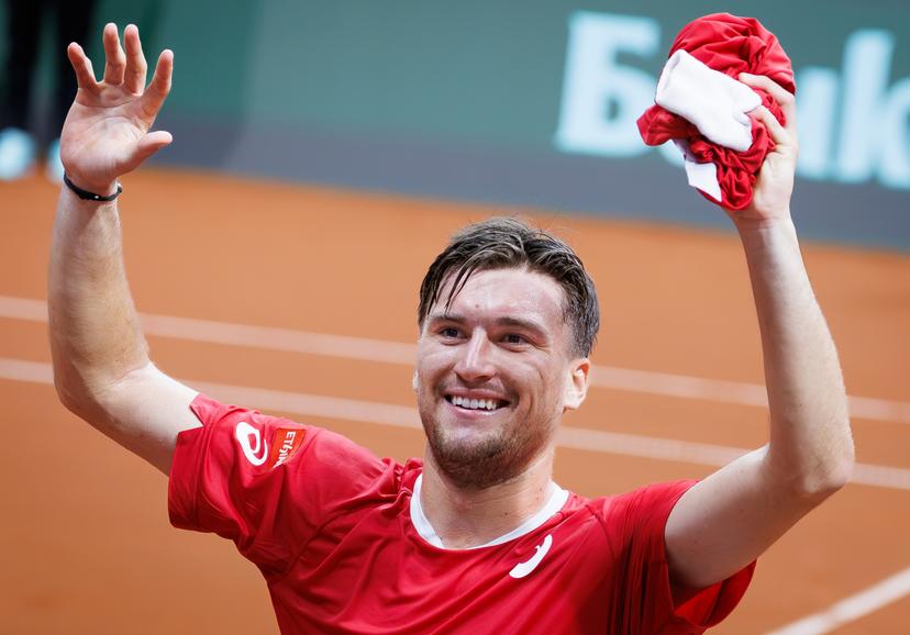 Belgian Raphael Collignon celebrates after winning a tennis match against Bulgarian Vasilev, during the qualifier of the Davis Cup on Saturday 07 February 2026, in Plovdiv, Bulgaria. Belgium will compete this weekend in the Davis Cup qualifiers against Bulgaria. BELGA PHOTO BENOIT DOPPAGNE