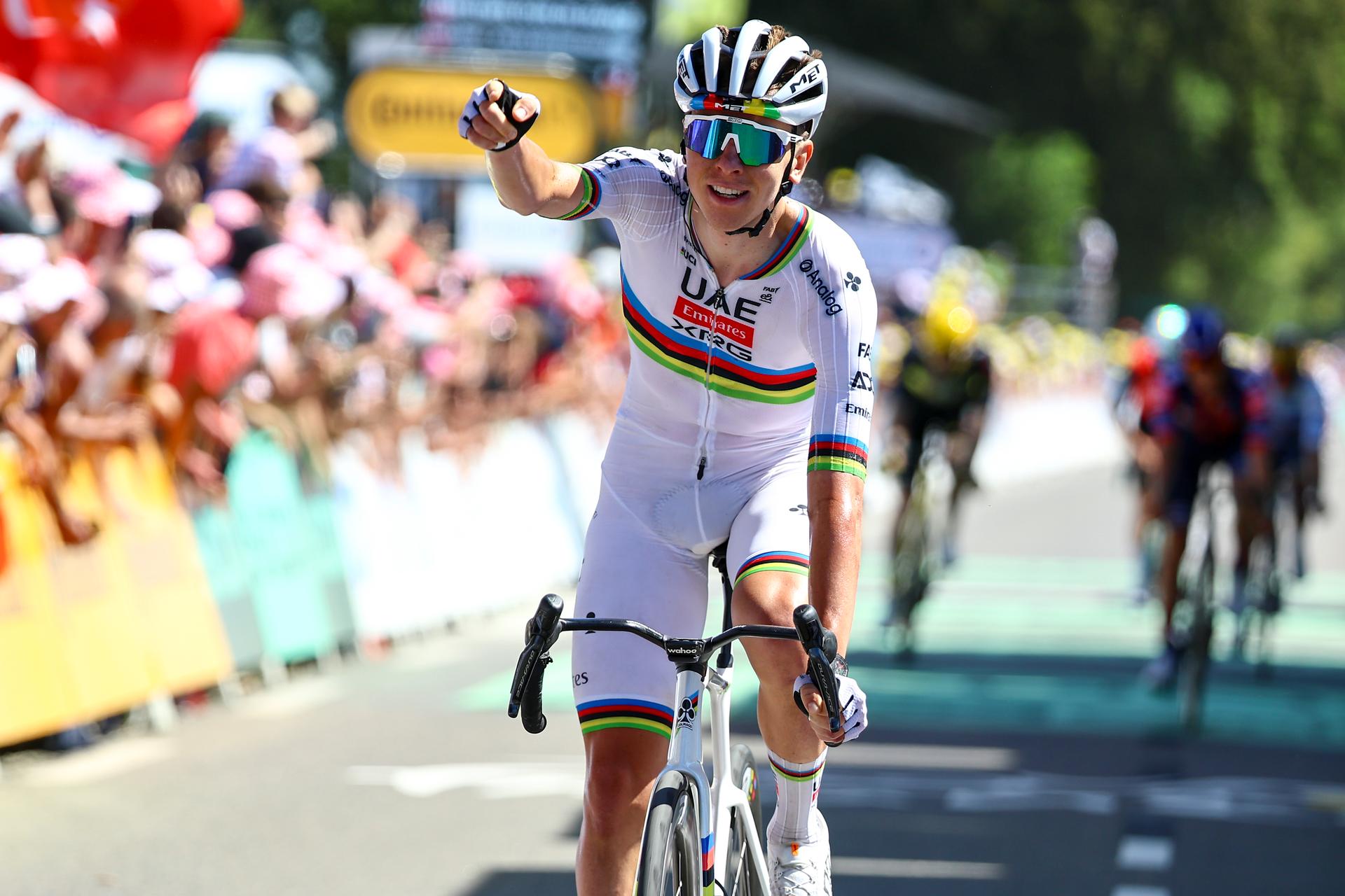 Slovenian Tadej Pogacar of UAE Team Emirates pictured in action during stage seven of the 2025 Tour de France cycling, from Saint-Malo to Mur-de-Bretagne (194 km), on Friday 11 July 2025 in France. The 112th edition of the Tour de France starts on Saturday 5 July in Lille, France, and will finish in Paris, France on the 27th of July. BELGA PHOTO DAVID PINTENS