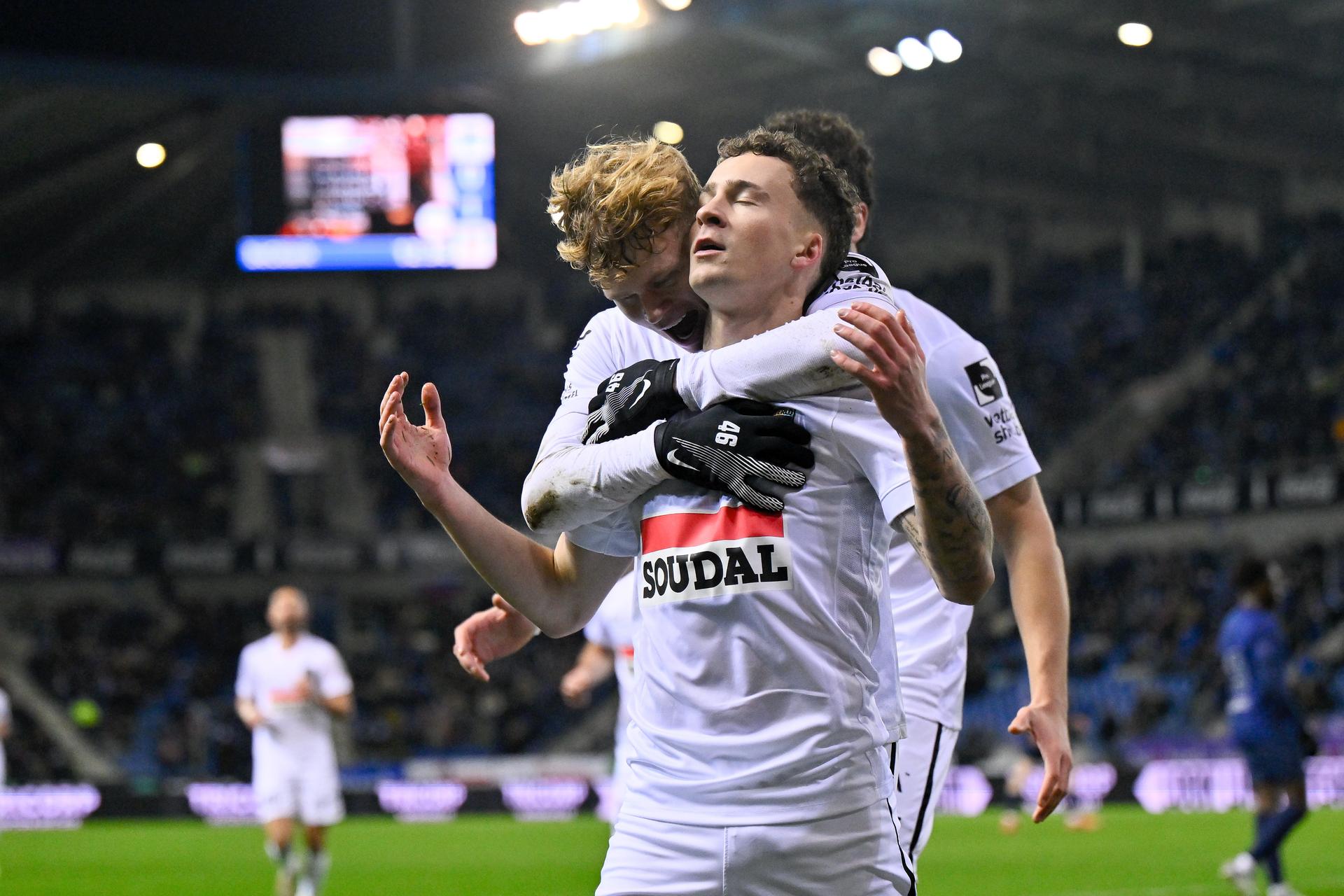 Westerlo's Griffin Yow celebrates after scoring during a soccer match between KRC Genk and KVC Westerlo, Sunday 14 December 2025 in Genk, a game of day 18 of the 2025-2026 'Jupiler Pro League' first division of the Belgian championship. BELGA PHOTO JOHAN EYCKENS