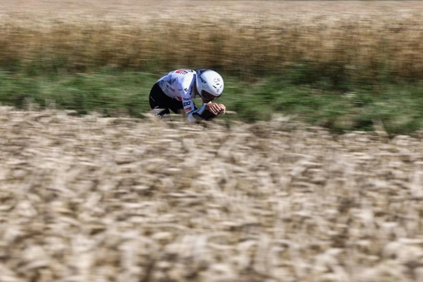 UAE Team Emirate - XRG team's Portuguese rider Joao Almeida cycles during the 5th stage of the 112th edition of the Tour de France cycling race, 33 km individual time trial starting and finishing in Caen, northwestern France, on July 9, 2025.  Anne-Christine POUJOULAT / AFP