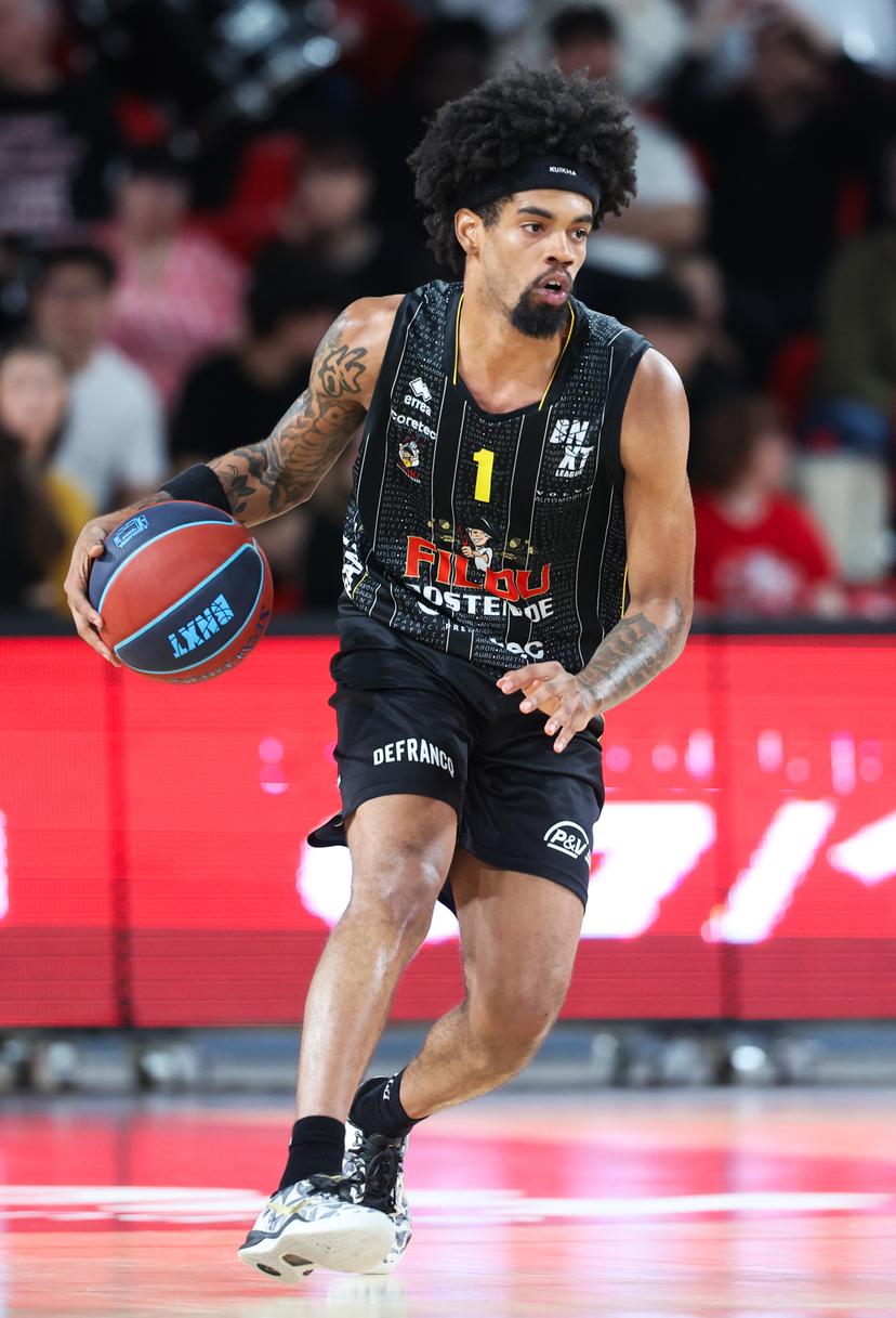 Oostende's Aaron Estrada pictured in action during a basketball match between Spirou Charleroi and BC Oostende, Friday 17 October 2025 in Charleroi, on day 4 of the 'BNXT League' Belgian/ Dutch first division basket championship. BELGA PHOTO VIRGINIE LEFOUR