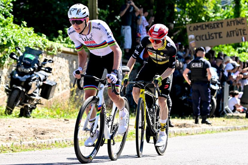 Slovenian Tadej Pogacar of UAE Team Emirates and Danish Jonas Vingegaard Hansen of Team Visma-Lease a Bike pictured in action during the fourth stage of the 2025 Tour de France cycling, Amien Metropole - Rouen (173 km), on Tuesday 08 July 2025 in France. The 112th edition of the Tour de France starts on Saturday 5 July in Lille, France, and will finish in Paris, France on the 27th of July. BELGA PHOTO POOL JAN DE MEULENEIR