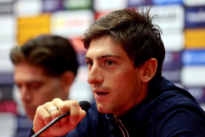 Lidl - Trek team's Italian rider Giulio Ciccone speaks during the Top Riders press conference on the eve of the departure of the Giro d'Italia 2025 cycling race, in Tirana, on May 8, 2025.  Luca BETTINI / AFP