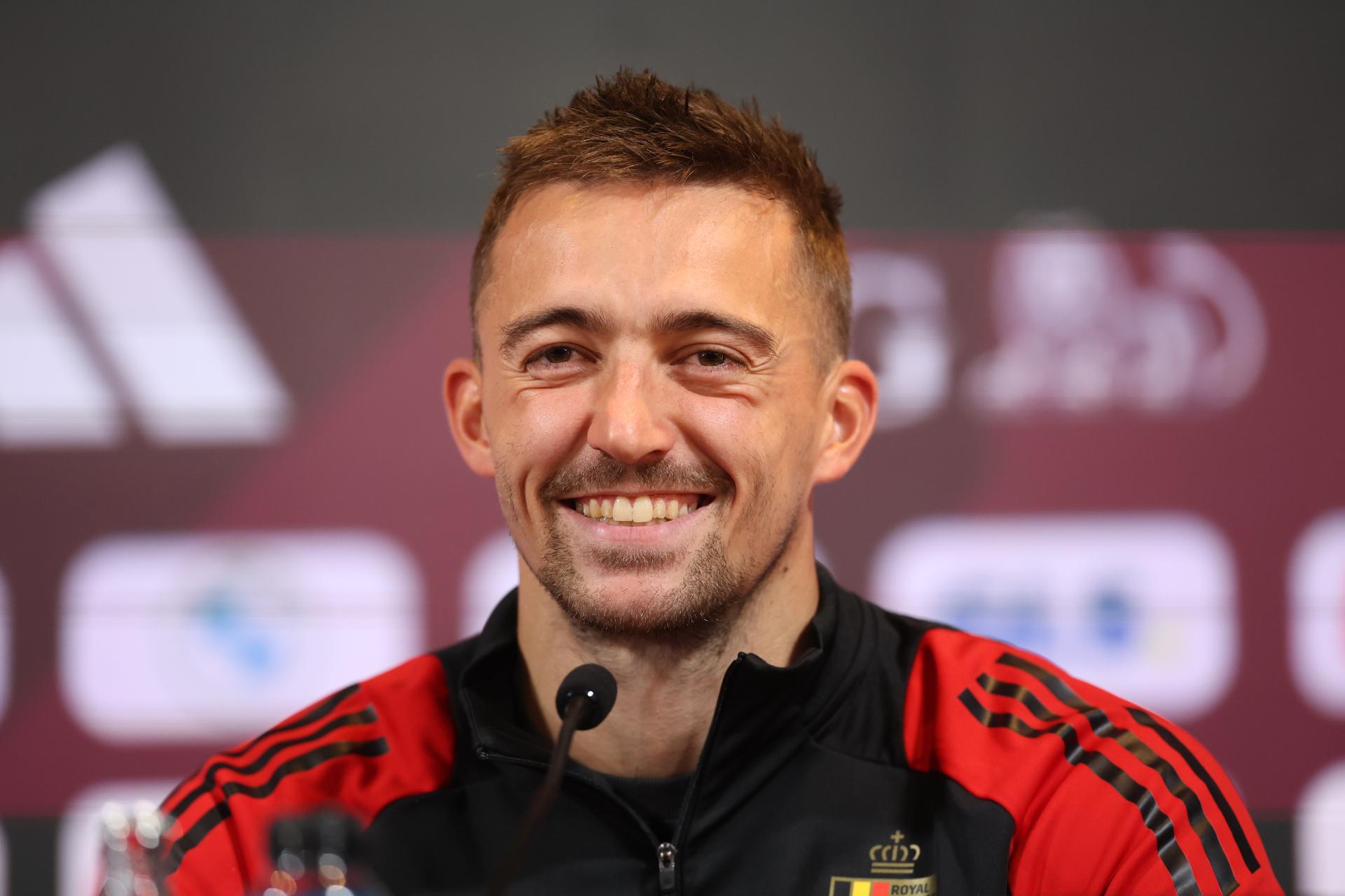 Belgium's Timothy Castagne pictured during a press moment of the Red Devils, the Belgian national soccer team, at the Proximus Basecamp in Tubize, Tuesday 07 October 2025. The team is preparing for the matches against North Macedonia (10/10) and Wales (13/10). BELGA PHOTO VIRGINIE LEFOUR