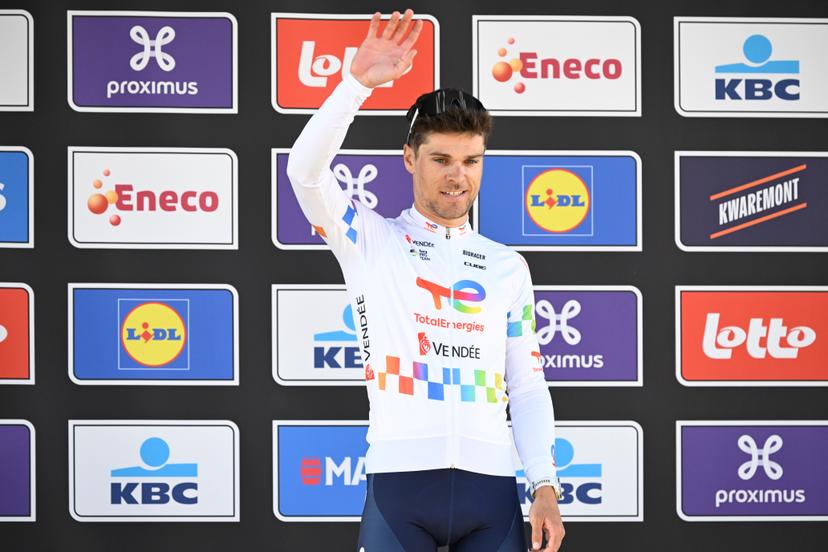 French Emilien Jeanniere of Team TotalEnergies celebrates on the podium of the men's race of the 'Scheldeprijs' one day cycling event, 205,2km from Terneuzen, the Netherlands to Schoten, Belgium on Wednesday 08 April 2026. BELGA PHOTO TOM GOYVAERTS