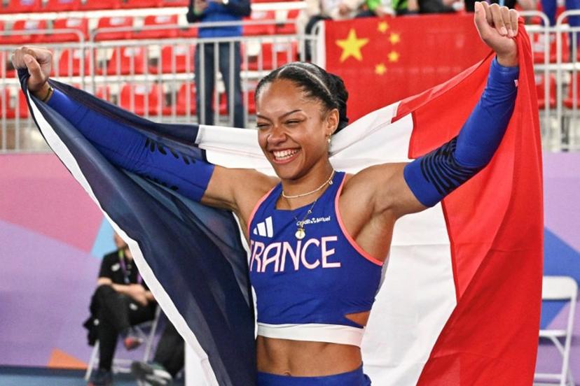 France's Marie-Julie Bonnin celebrates after winning the women's pole vault final during the Indoor World Athletics Championships in Nanjing, in eastern China's Jiangsu province, on March 22, 2025.  Pedro Pardo / AFP