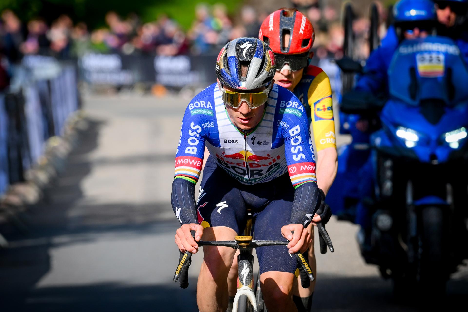 Belgian Remco Evenepoel of Red Bull-BORA-hansgrohe and Danish Mattias Skjelmose of Lidl-Trek pictured in action during the men elite 'Amstel Gold Race' one day cycling race, 257,4 km from Maastricht to Valkenburg, The Netherlands, Sunday 19 April 2026. BELGA PHOTO POOL VINCENT KALUT