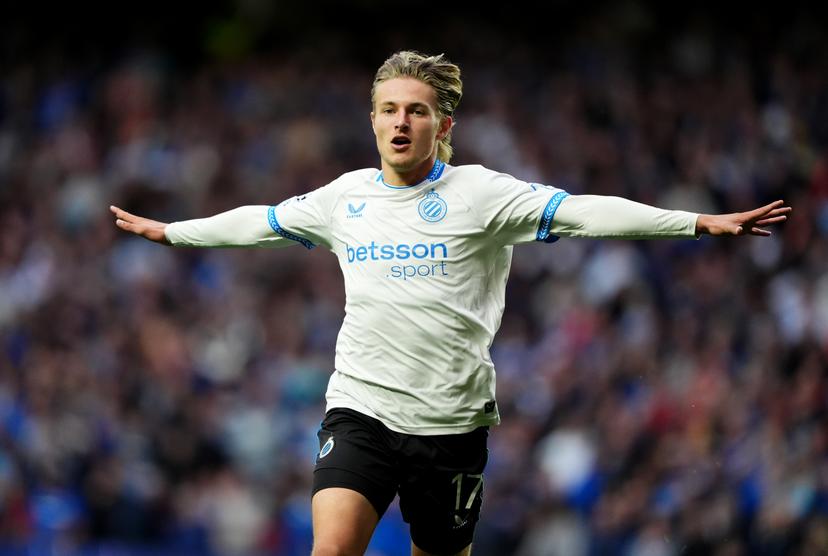 Club Brugge's Romeo Vermant celebrate after scoring his sides first goal during the UEFA Champions League, play-off, first leg match at Ibrox Stadium, Glasgow. Picture date: Tuesday August 19, 2025. BELGIUM ONLY