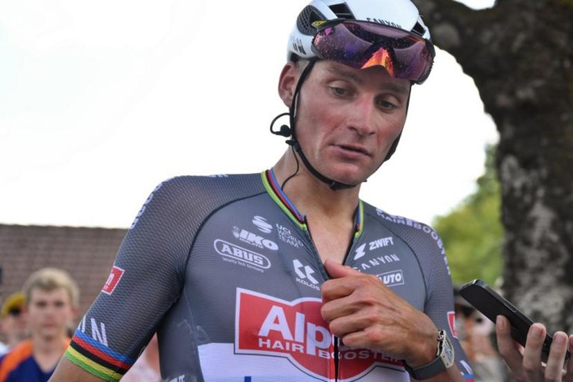 Alpecin - Deceuninck team's Dutch rider Mathieu van der Poel looks on after the 9th stage of the 112th edition of the Tour de France cycling race, 174.1 km between Chinon and Chateauroux, central France, on July 13, 2025.  Marco BERTORELLO / POOL / AFP