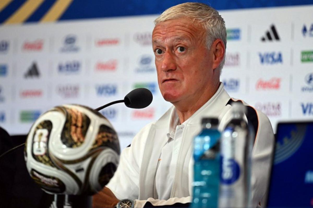 France's head coach Didier Deschamps gives a MD-1 press conference on the eve of the 2026 World Cup football tournament third-place match between France and England at the Miami Stadium in Miami on July 17, 2026.   CHANDAN KHANNA / AFP