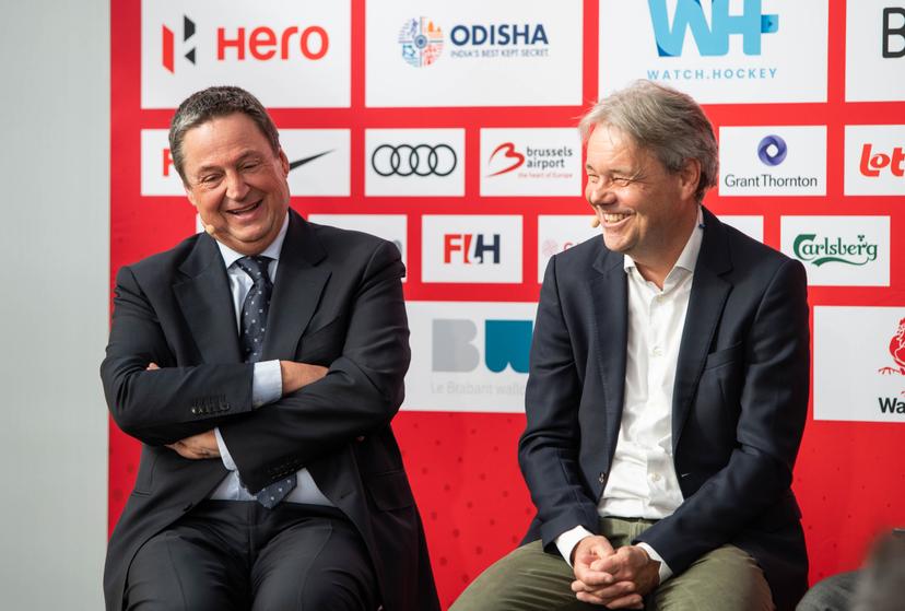 Belgian Hockey Federation Secretary-General Serge Pilet and CEO Royal Dutch Hockey federation Erik Gerritsen pictured during a press conference on the 2026 World Cup in Belgium and the Netherlands (15-30/08), in Brussels, on Tuesday 30 September 2025. BELGA PHOTO EMILE WINDAL
