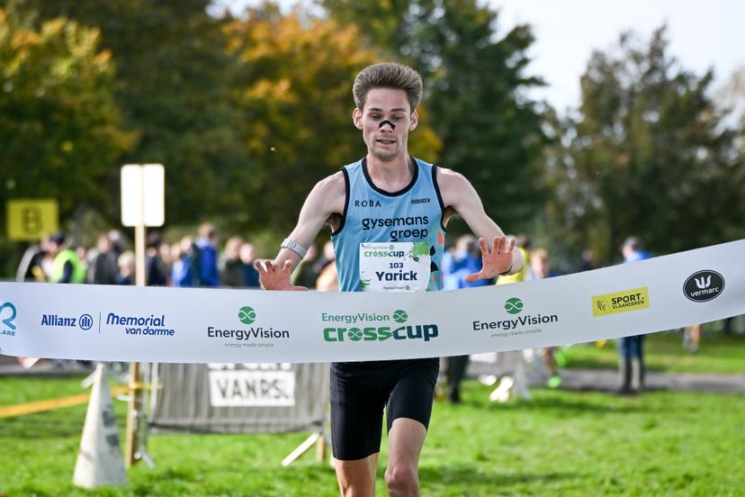 Belgian Yorick Van De Kerkhove celebrates as he crosses the finish line to win the men's race at the CrossCup cross country running athletics event in Roeselare on Sunday 25 October 2026.  BELGA PHOTO ELIAS ROM