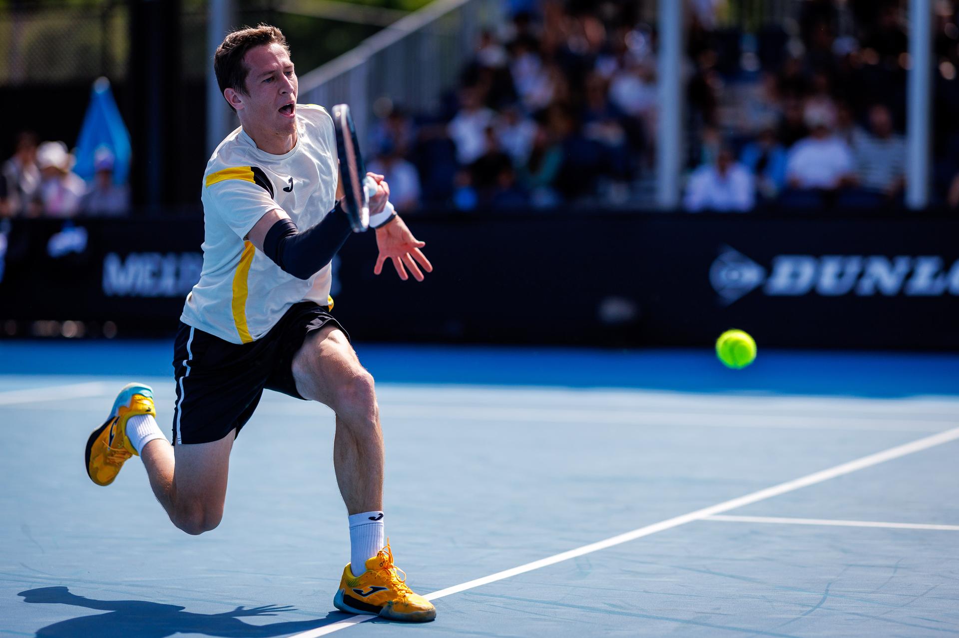 Belgium's Kimmer Coppejans pictured in action during a third round qualifying match in the men's singles against USA's Svajda at the Australian Open, Melbourne Park, Melbourne on Thursday 15 January 2026.  BELGA PHOTO PATRICK HAMILTON  --- BENELUX ONLY   ---