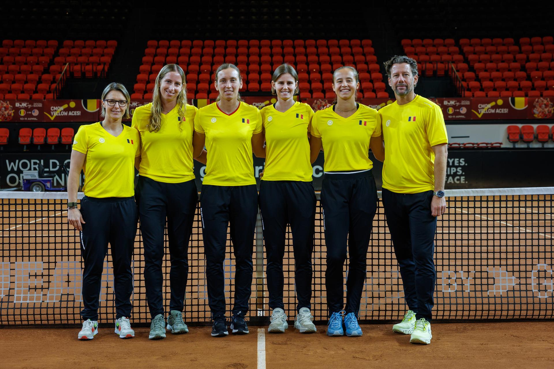 Belgian Kirsten Flipkens, Belgian Magali Kempen, Belgian Elise Mertens, Belgian Greet Minnen, Belgian Hanne Vandewinkel and Belgian team captain Wim Fissette pictured during the draw for this weekend's tennis matches between Belgium and USA, in the qualifiers of the Billie Jean King Cup tennis, in Oostende, Belgium, on Thursday 09 April 2026. The meeting will take place on 10 and 11th April. PHOTO KURT DESPLENTER
