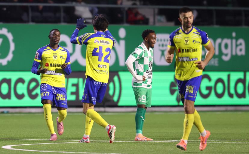 STVV's Oumar Diouf celebrates after scoring during a soccer match between RAAL La Louviere and Sint-Truiden VV, Saturday 24 January 2026 in La Louviere, on day 22 of the 2025-2026 'Jupiler Pro League' first division of the Belgian championship. BELGA PHOTO VIRGINIE LEFOUR