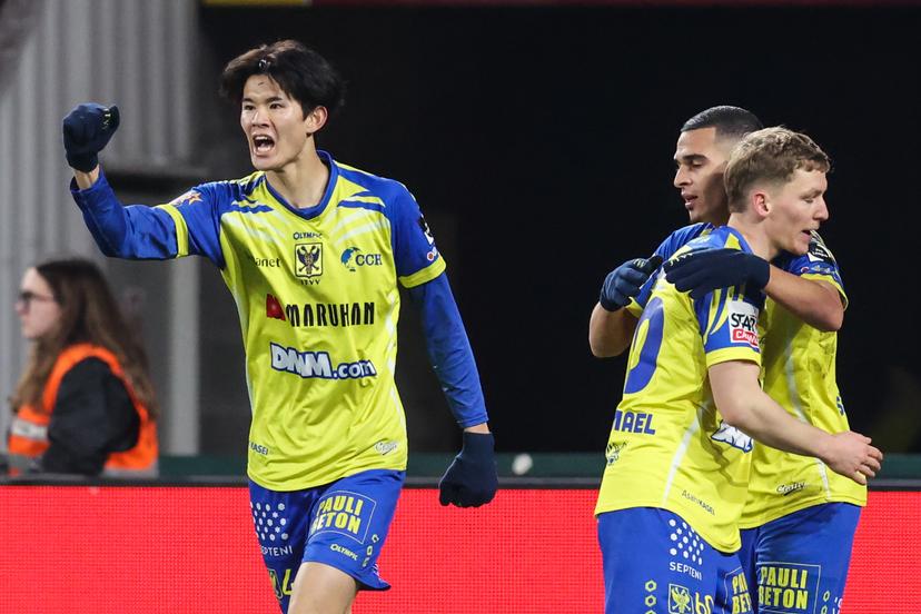 STVV's Keisuke Goto celebrates after scoring during a soccer match between Standard de Liege and Sint-Truiden VV, Friday 26 December 2025 in Liege, on day 20 of the 2025-2026 'Jupiler Pro League' first division of the Belgian championship. BELGA PHOTO BRUNO FAHY