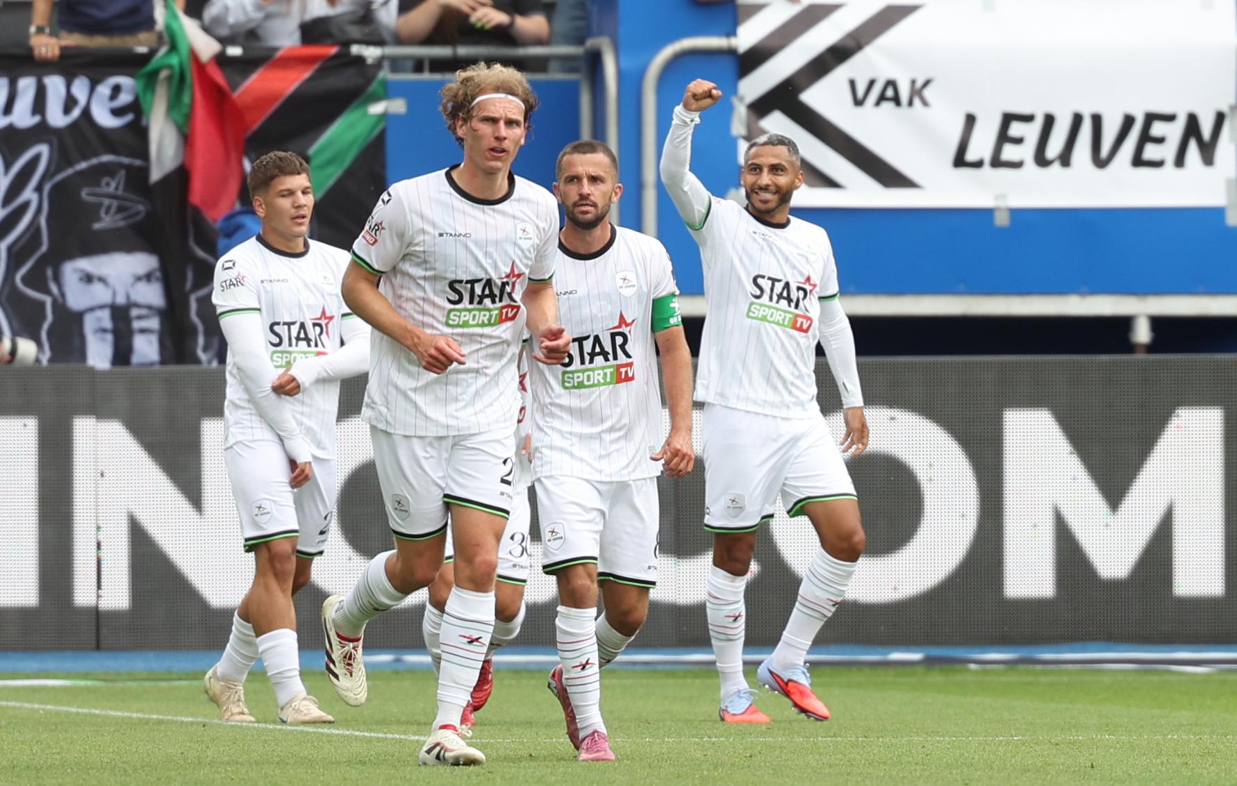 OHL's Youssef Maziz celebrates after scoring during a soccer match between Oud-Heverlee Leuven and Sporting Charleroi, Sunday 27 July 2025 in Heverlee, on day 1 of the 2025-2026 'Jupiler Pro League' first division of the Belgian championship. BELGA PHOTO VIRGINIE LEFOUR