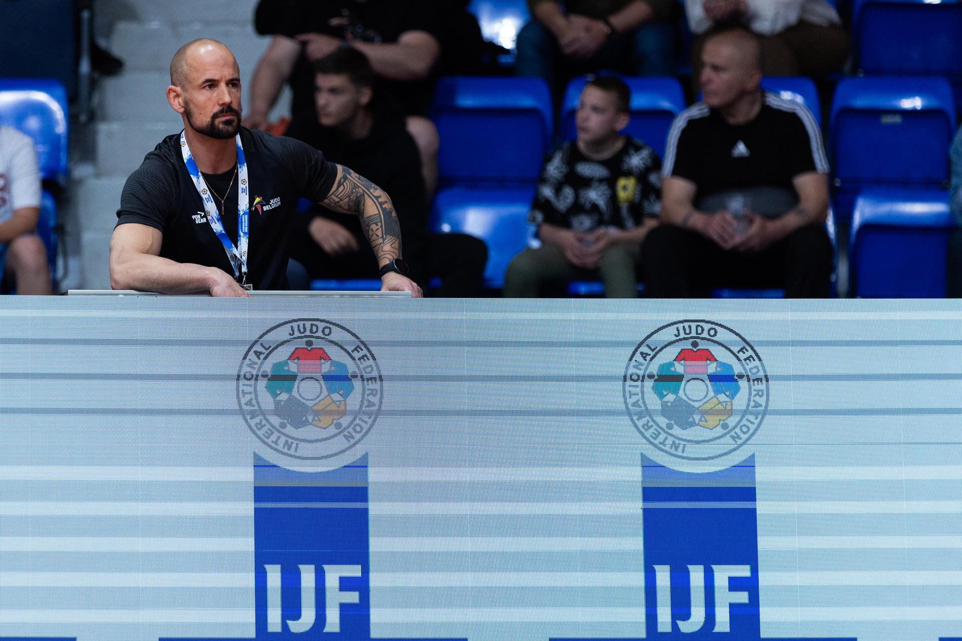 Damien Bomboir, coach of Belgian Verstraeten, pictured at a fight of Men -60kg, at the European Championships judo in Podgorica, Montenegro, on Wednesday 23 April 2025. The tournament is taking place from 23 tot 27 April 2025. BELGA PHOTO NIKOLA KRISTC