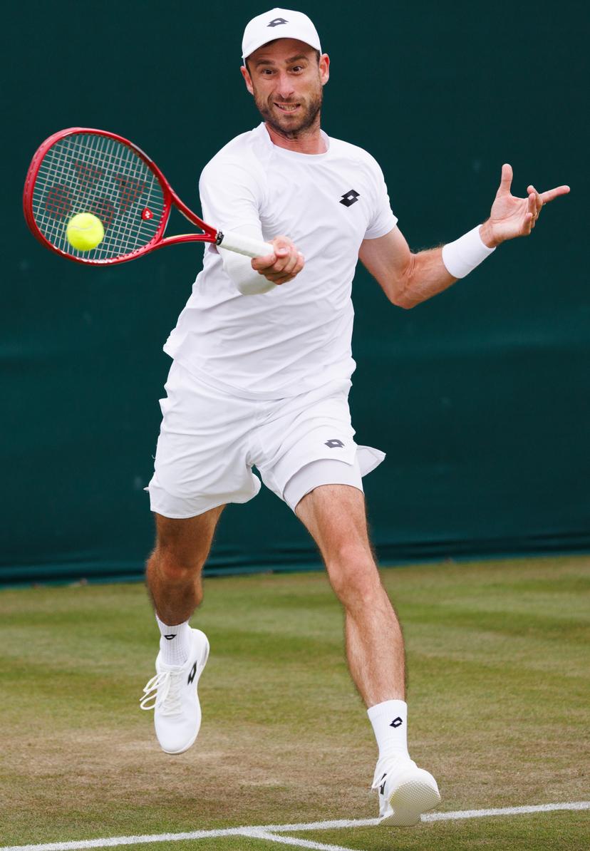 Belgian Sander Gille pictured in action during a doubles tennis match between Argentinian-Spain pair Zeballos - Granollers and Belgian-Dutch pair Gille-Verbeek, in the second round of the Men's doubles at the Wimbledon grand slam tennis tournament in London, Britain, Saturday 04 July 2026. BELGA PHOTO BENOIT DOPPAGNE