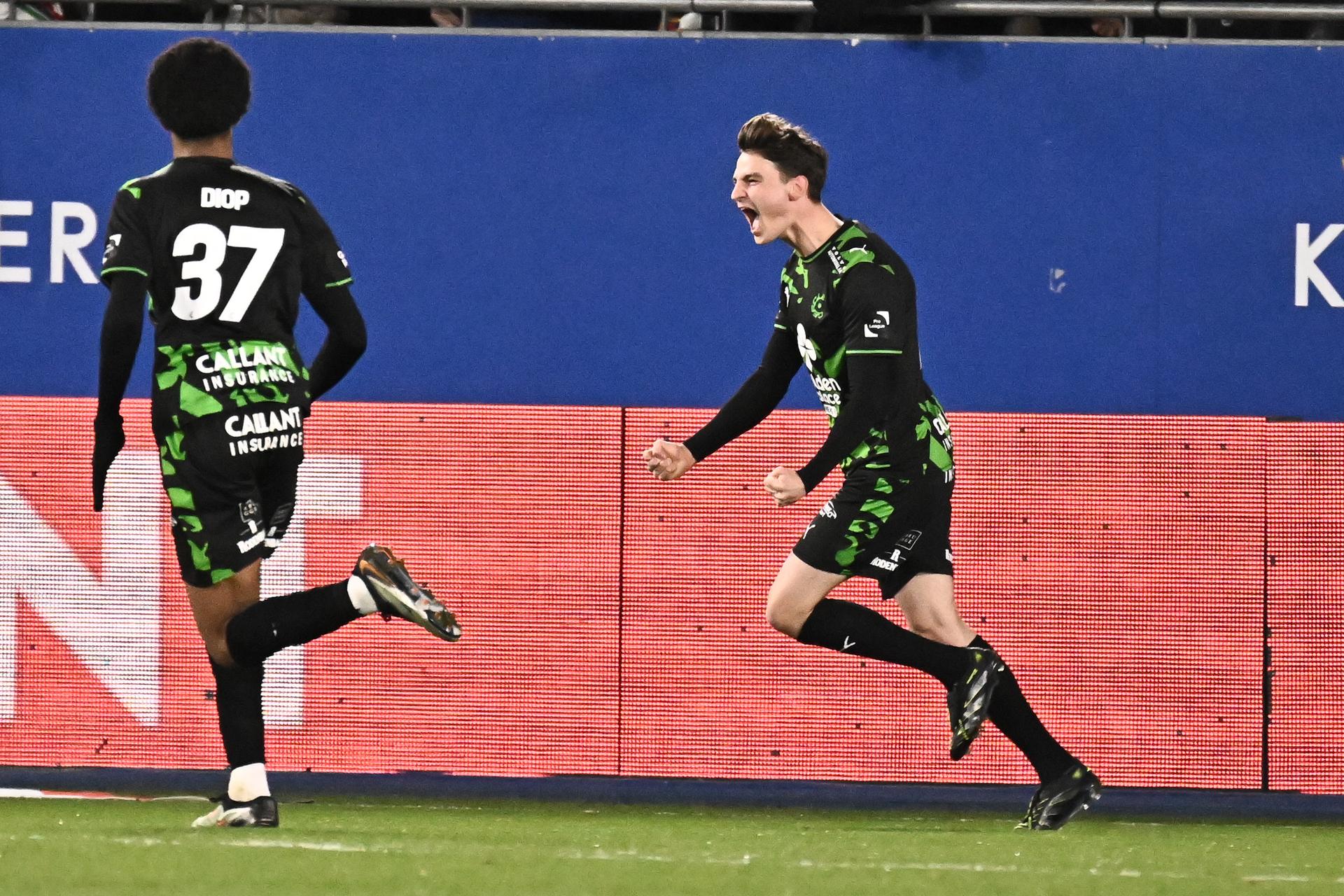 Cercle's Pieter Gerkens celebrates after scoring the 0-1 goal during a soccer match between Oud-Heverlee Leuven and Cercle Brugge, Sunday 21 December 2025 in Leuven, on day 19 of the 2025-2026 'Jupiler Pro League' first division of the Belgian championship. BELGA PHOTO MAARTEN STRAETEMANS