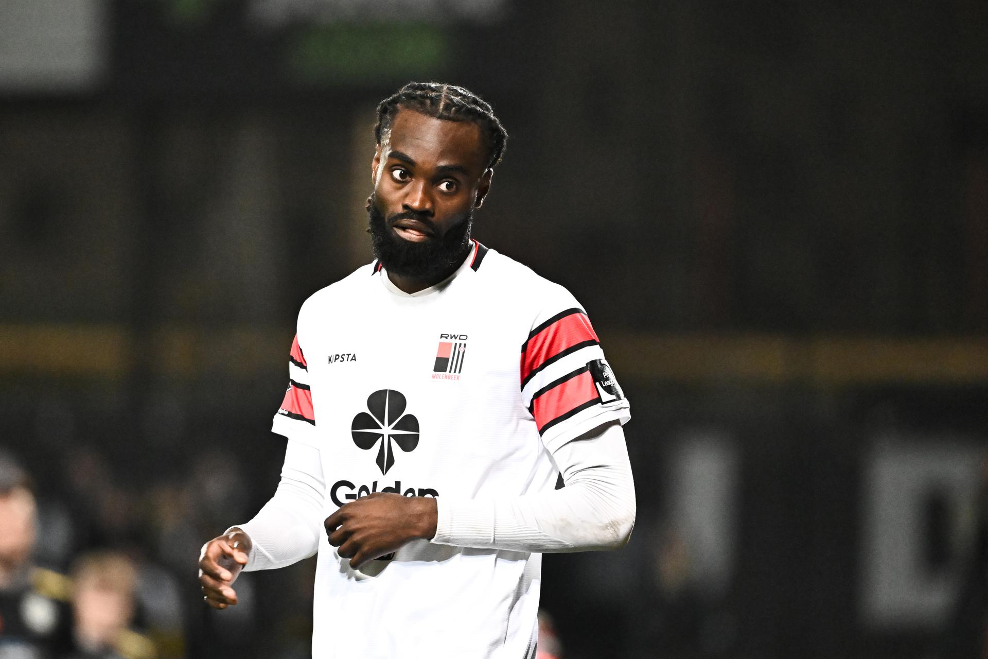 Rwdm's Mansoni Sambu pictured during a soccer match between RWD Molenbeek and Lokeren-Temse, Sunday 09 March 2025 in Brussels, on day 25 of the 2024-2025 'Challenger Pro League' second division of the Belgian championship. BELGA PHOTO MAARTEN STRAETEMANS