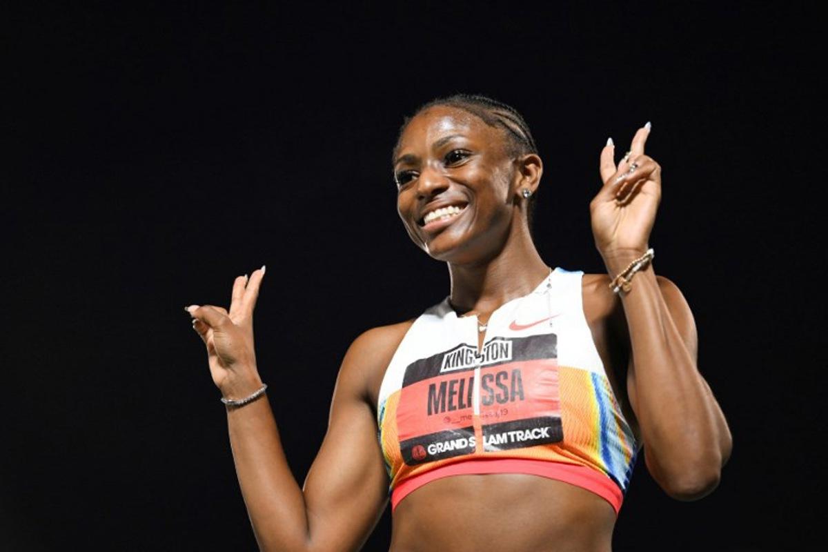 USA's Melissa Jefferson reacts after winning the women's 100m event during the Grand Slam Track competition at the National Stadium in Kingston, Jamaica, on April 5, 2025.  Ricardo Makyn / AFP