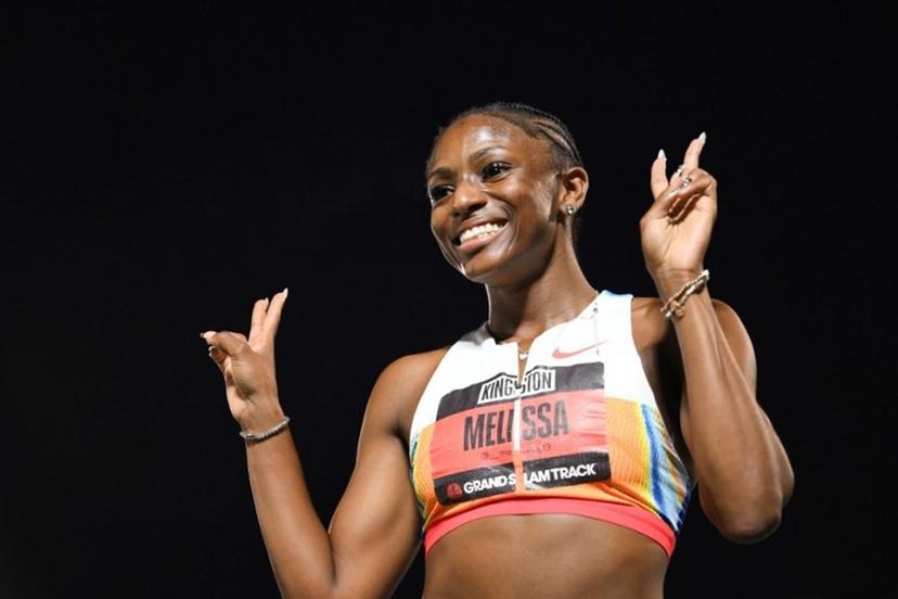 USA's Melissa Jefferson reacts after winning the women's 100m event during the Grand Slam Track competition at the National Stadium in Kingston, Jamaica, on April 5, 2025.  Ricardo Makyn / AFP