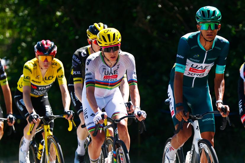 Danish Jonas Vingegaard of Team Visma-Lease a Bike, Slovenian Tadej Pogacar of UAE Team Emirates XRG and Mexican Isaac Del Toro of UAE Team Emirates XRG pictured in action during stage 3 of the 2026 Tour de France cycling race, a stage of 195,9km from Granollers, Spain, to Les Angles, France, Monday 06 July 2026. The 113th edition of the Tour de France starts on Saturday 4 July in Barcelona, Spain, and will finish in Paris, France on the 26th of July.  BELGA PHOTO POOL LUCA BETTINI