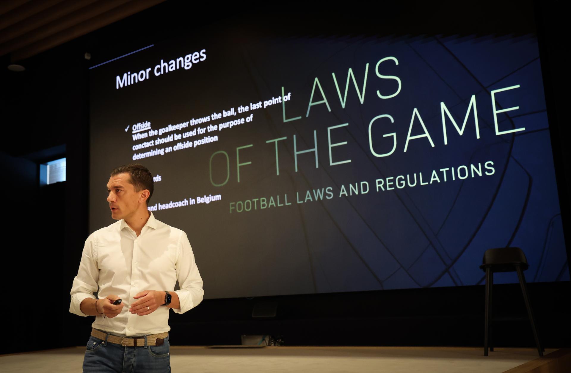 RBFA referee department director Jonathan Lardot gestures during a press conference of the Professional Refereeing Department (PRD) on the upcoming soccer season, Wednesday 16 July 2025 in Tubize. BELGA PHOTO VIRGINIE LEFOUR
