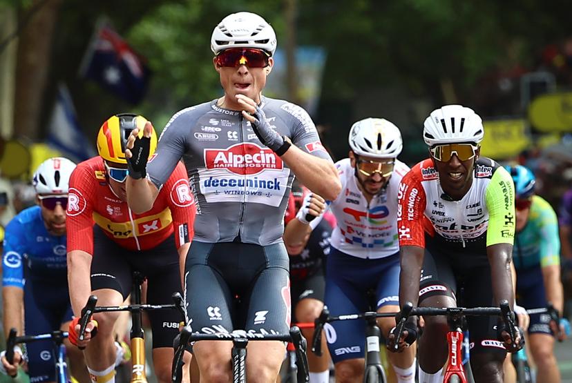 Belgian Jasper Philipsen of Alpecin-Deceuninck celebrates after winning the first stage, Lille Metropole to Lille Metropole (185 km), of the 2025 Tour de France cycling race, in Lille, France, on Saturday 05 July 2025. The 112th edition of the Tour de France starts on Saturday 5 July in Lille, France, and will finish in Paris, France on the 27th of July. BELGA PHOTO DAVID PINTENS