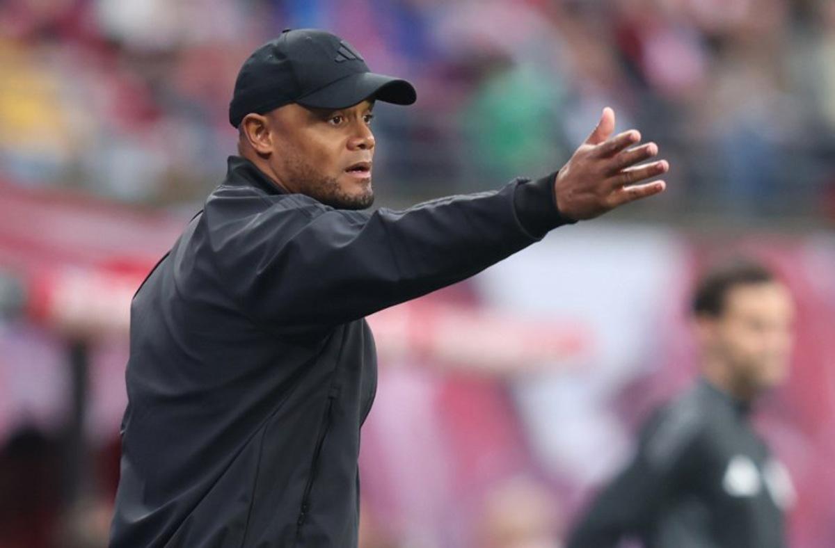 Bayern Munich's Belgian head coach Vincent Kompany gestures during the German first division Bundesliga football match between RB Leipzig and FC Bayern Munich in Leipzig, eastern Germany on May 3, 2025.  RONNY HARTMANN / AFP